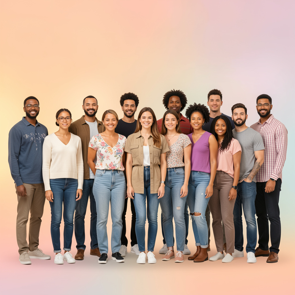A diverse group of people standing together, each representing a different gender identity. The background is a warm gradient of soft pastel colors. 4:3