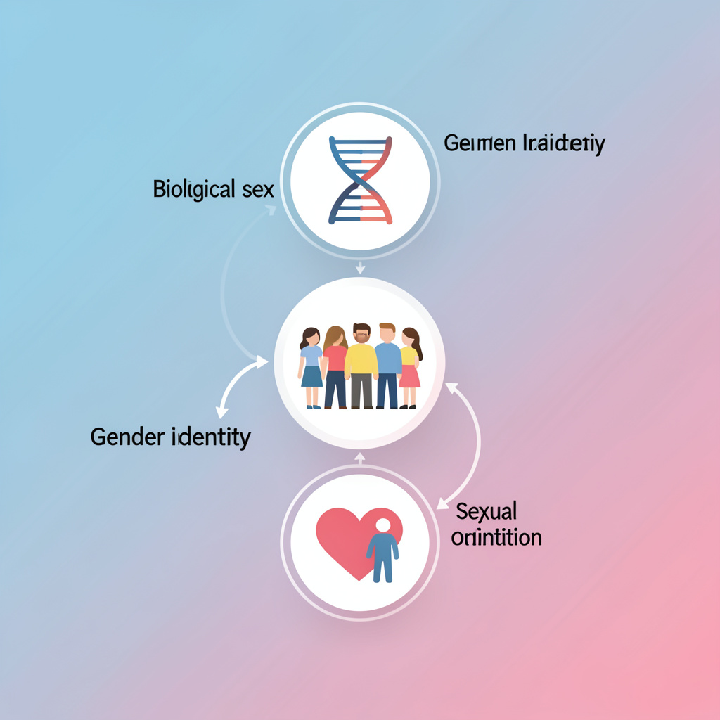 A modern infographic showing three interconnected elements of human gender identity: biological sex, gender identity, and sexual orientation. The elements are illustrated with simple icons: a DNA helix for biological sex, a diverse group of people for gender identity, and a heart with two figures for sexual orientation. The background is a soft gradient of blue and pink. 1:1