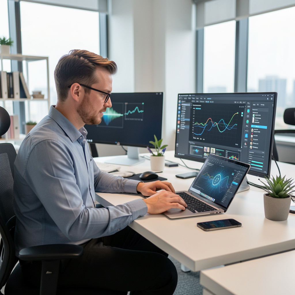 A person using artificial intelligence tools to enhance productivity in a modern workspace, 4:3