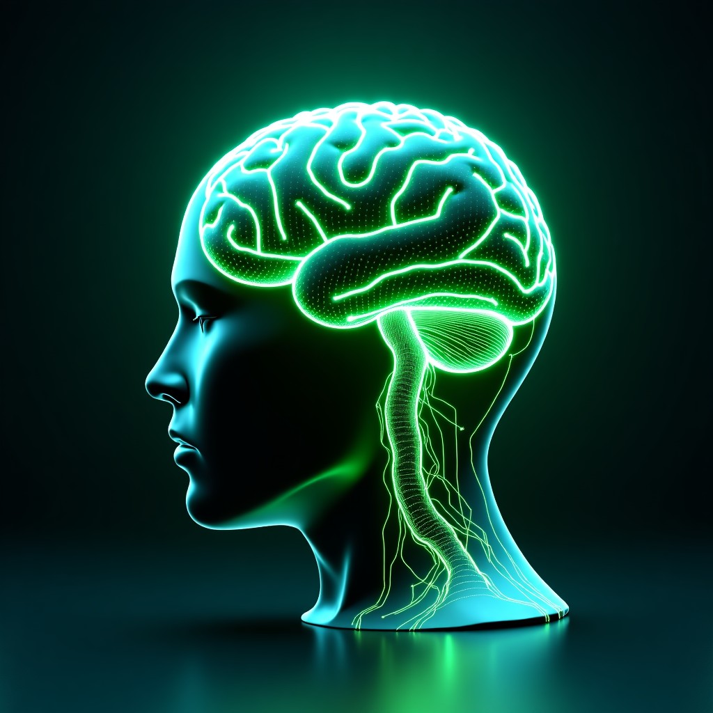 A futuristic human brain interconnected with digital gaming circuitry and glowing green neon lines, high tech aesthetic, clean background, 4:3