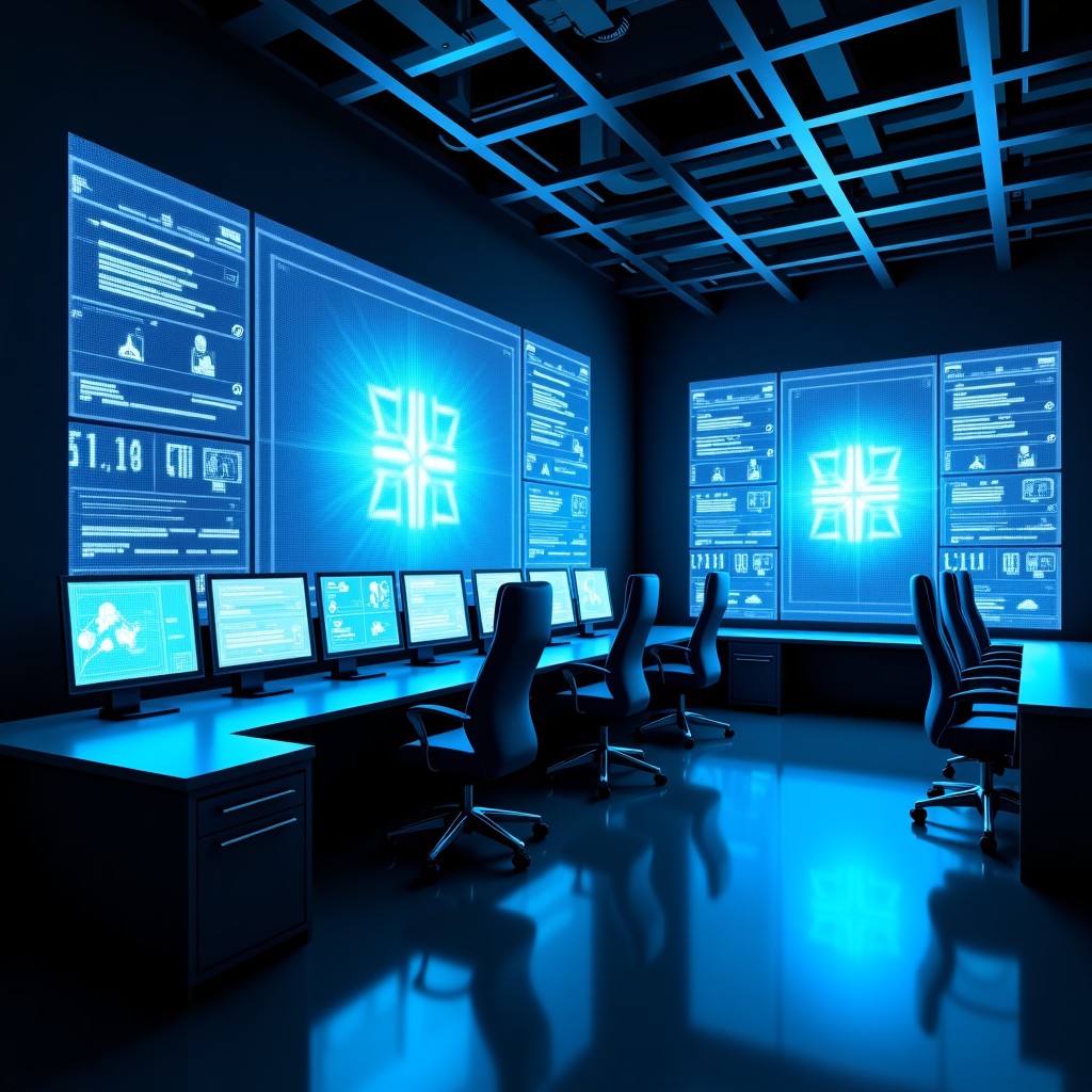 A professional high-tech security operations center with multiple glowing screens displaying abstract data patterns and neural network visualizations, blue and dark grey tones, modern architectural interior, 4:3