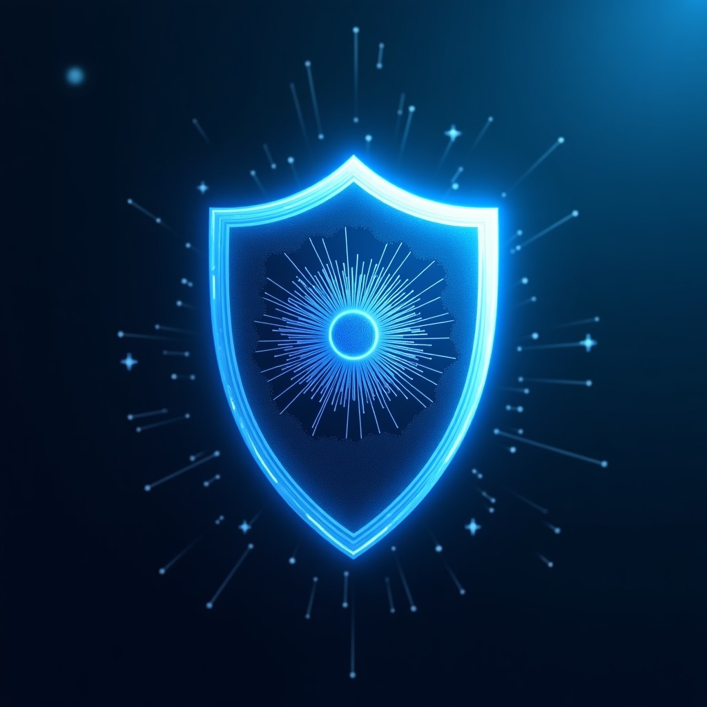 A glowing digital shield protecting a complex neural network structure. The shield has subtle circuitry patterns. The background is a deep navy blue with soft data stream highlights. High contrast, informational style, clean layout, 1:1.