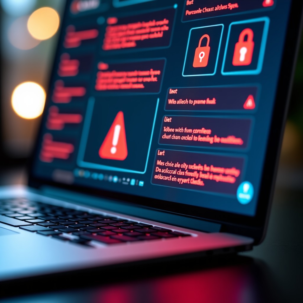 A close up of a laptop screen showing a futuristic AI chatbot interface with red warning alert icons and security locks, high contrast, clean technology aesthetic, 4:3