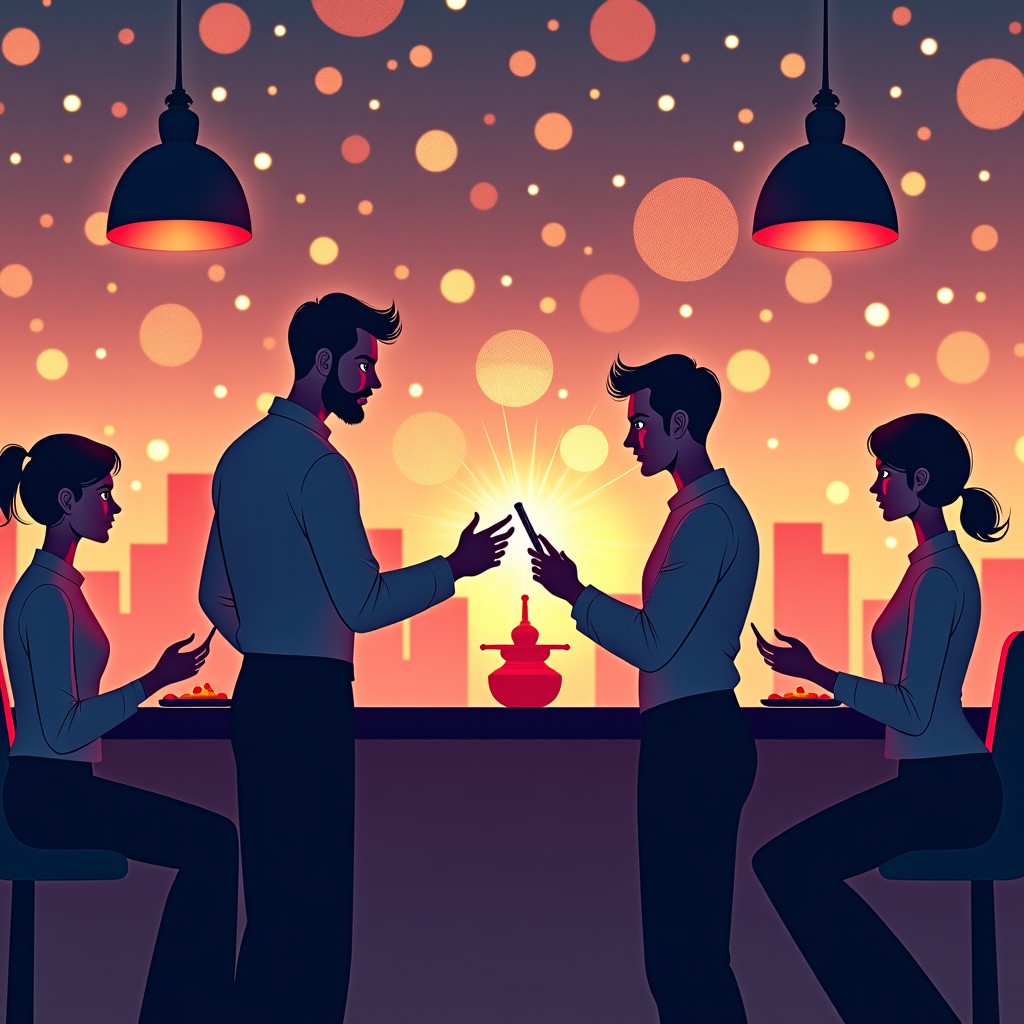A conceptual illustration showing a blend of human hospitality and AI technology in a restaurant. Glowing neural network lines subtly connect digital interfaces with friendly staff members serving customers. The style is artistic and visionary with textured overlays. 4:3