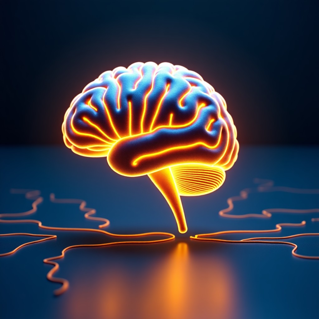 A symbolic image showing a glowing human brain connected with digital neural networks, golden and blue theme, sophisticated and clean composition, high contrast, artistic 3D rendering, 1:1