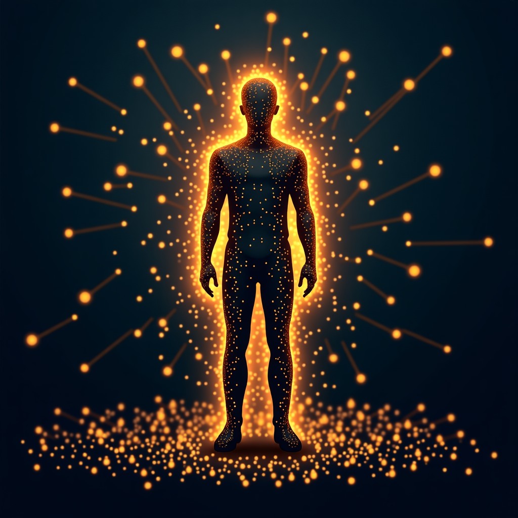 A stylized digital network visual showing scattered data points being connected by golden lines to form a human silhouette, symbolizing mass surveillance, 4:3