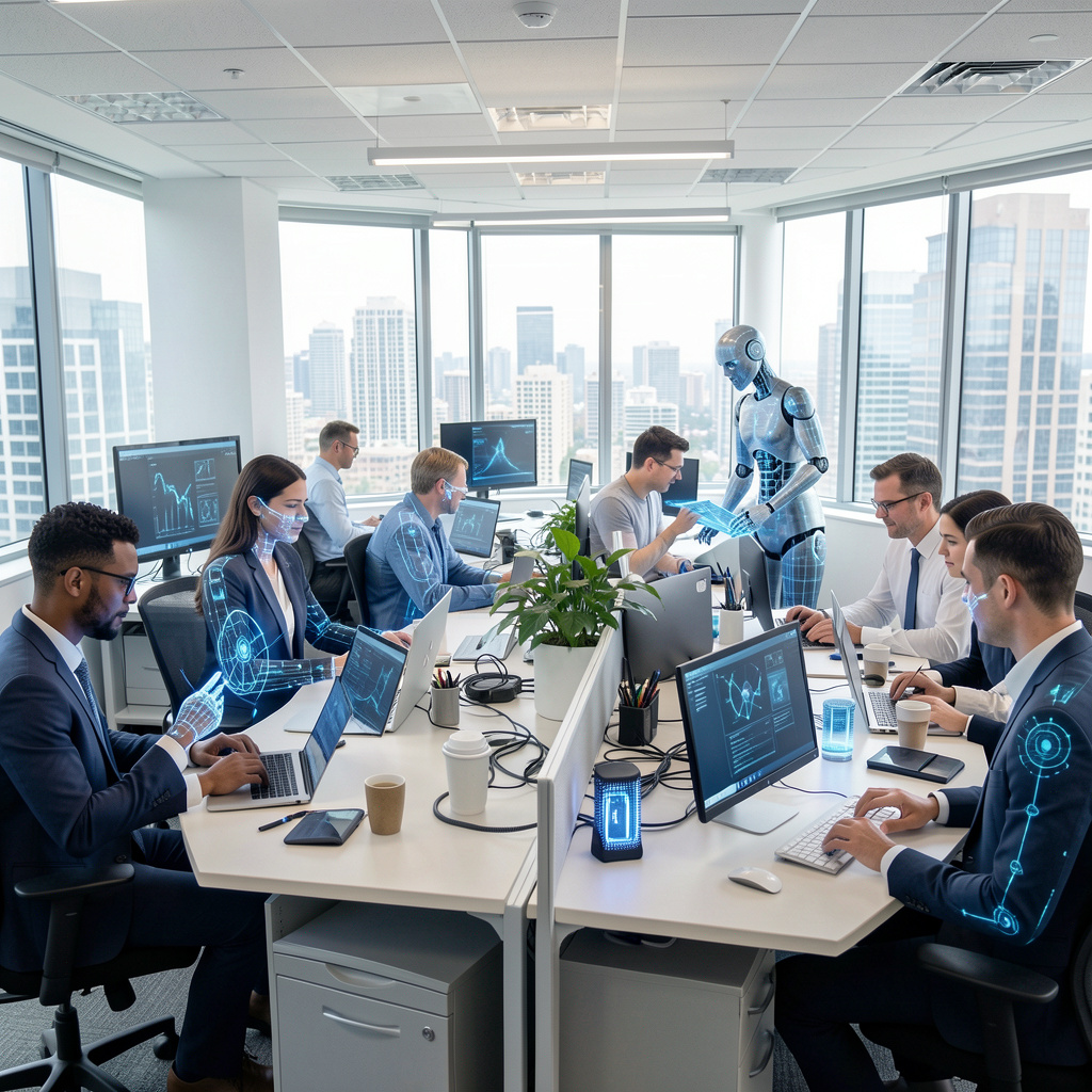 A diverse group of artificial intelligence systems performing various tasks in an office setting, 4:3