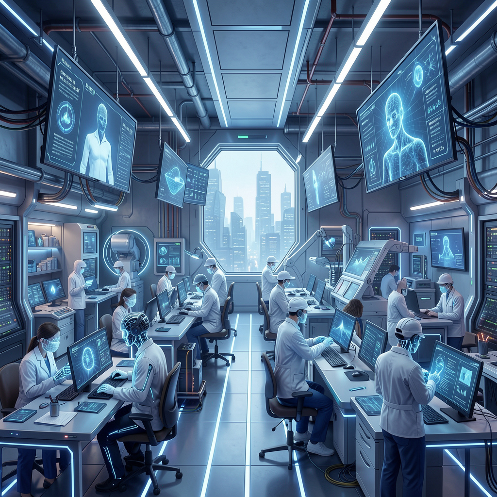 A futuristic scene where artificial intelligence systems replace human workers in various industries, 1:1