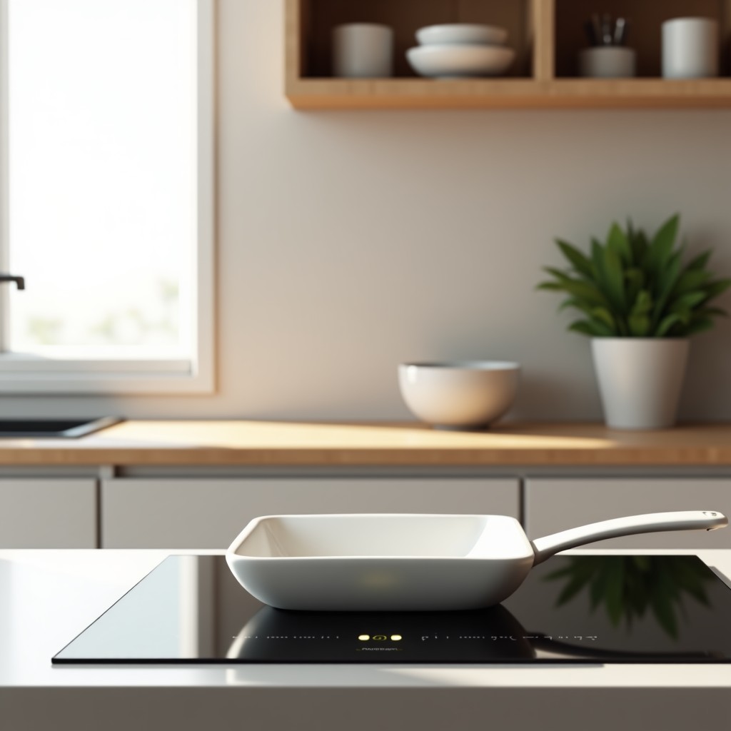 A realistic modern kitchen interior with a clean white ceramic square frying pan placed on a black induction cooktop. The kitchen has minimalist decor with light wood accents and a bright atmosphere. No text. 4:3