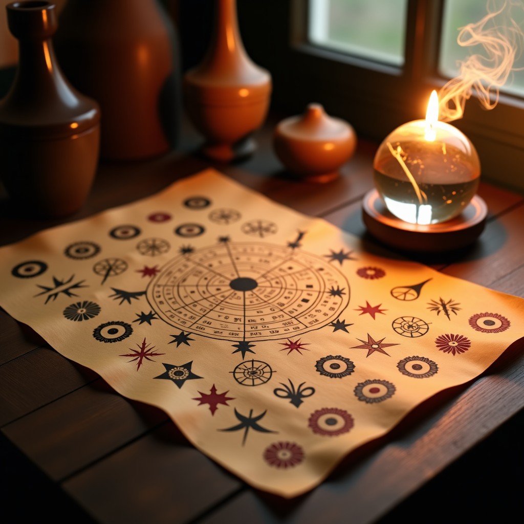 Traditional Indian Vedic astrology symbols and charts arranged on an antique parchment paper with incense smoke and a crystal ball mystical and spiritual atmosphere warm candlelight 4:3