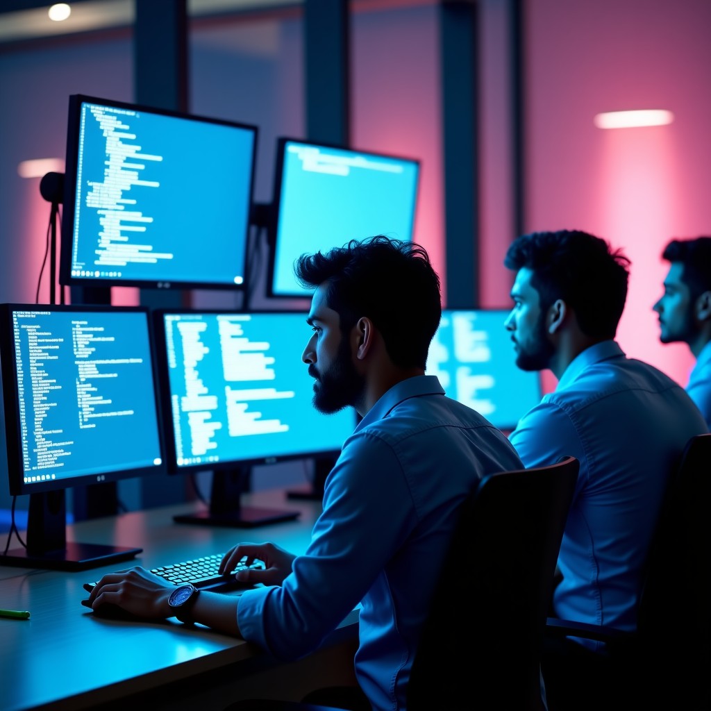 A group of focused Indian software engineers working on advanced AI algorithms in a modern office in Bengaluru. They are looking at multiple monitors displaying complex code and data visualizations. The atmosphere is collaborative and high-tech. 4:3