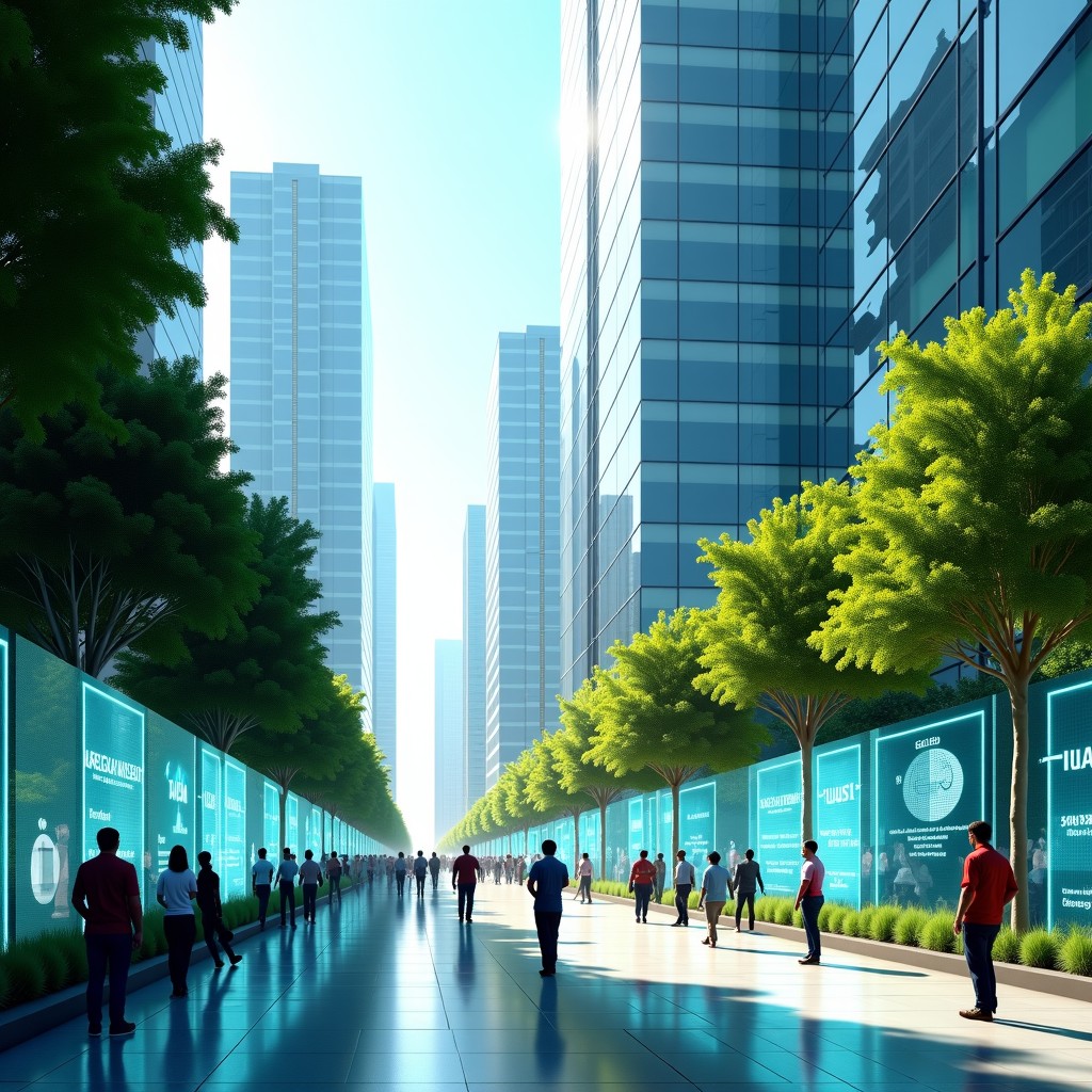 A futuristic view of a high-tech business district in India, modern glass buildings integrated with lush greenery, people using holographic displays, bright sunny day, realistic photography style, 4:3