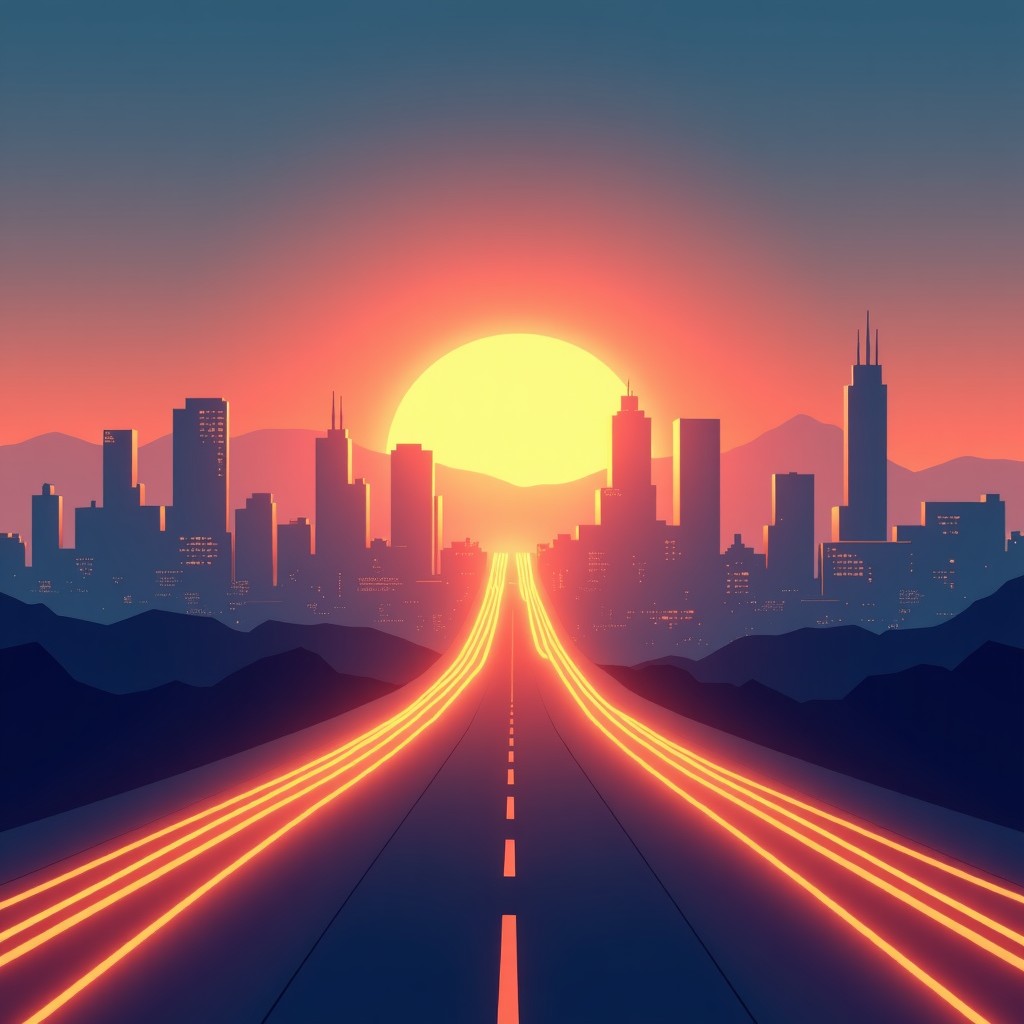 A futuristic cityscape at dusk with golden light trails representing safe information flow, minimalist and hopeful atmosphere, 4:3