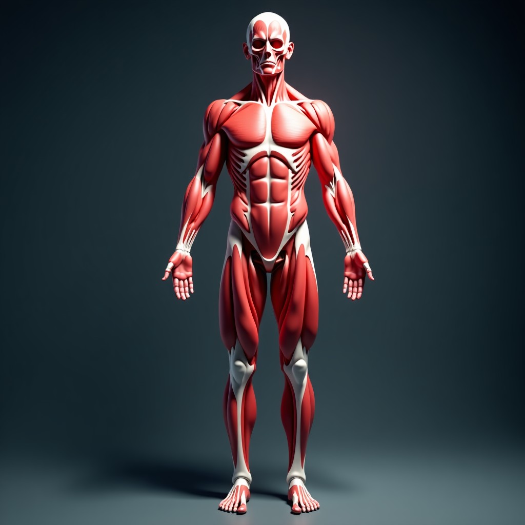 Medical illustration of human muscular system showing major muscle groups, professional lighting, realistic anatomical detail, 4:3
