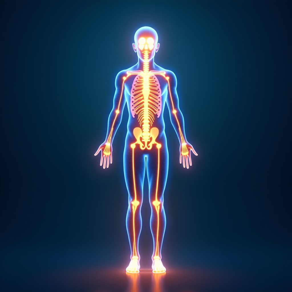 A conceptual and artistic illustration of a human silhouette with glowing energy nodes representing the endocrine system. Soft blue and amber light flows through the body like a network of rivers. Modern medical aesthetic, high-quality digital art, vibrant colors, 1:1.