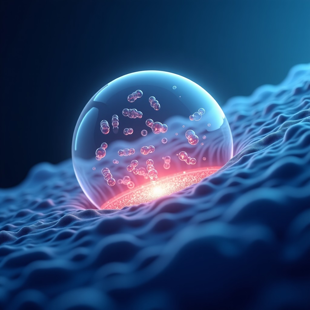 A clean modern infographic showing the liposomal structure entering a human cell membrane with soft glowing energy effects. 1:1