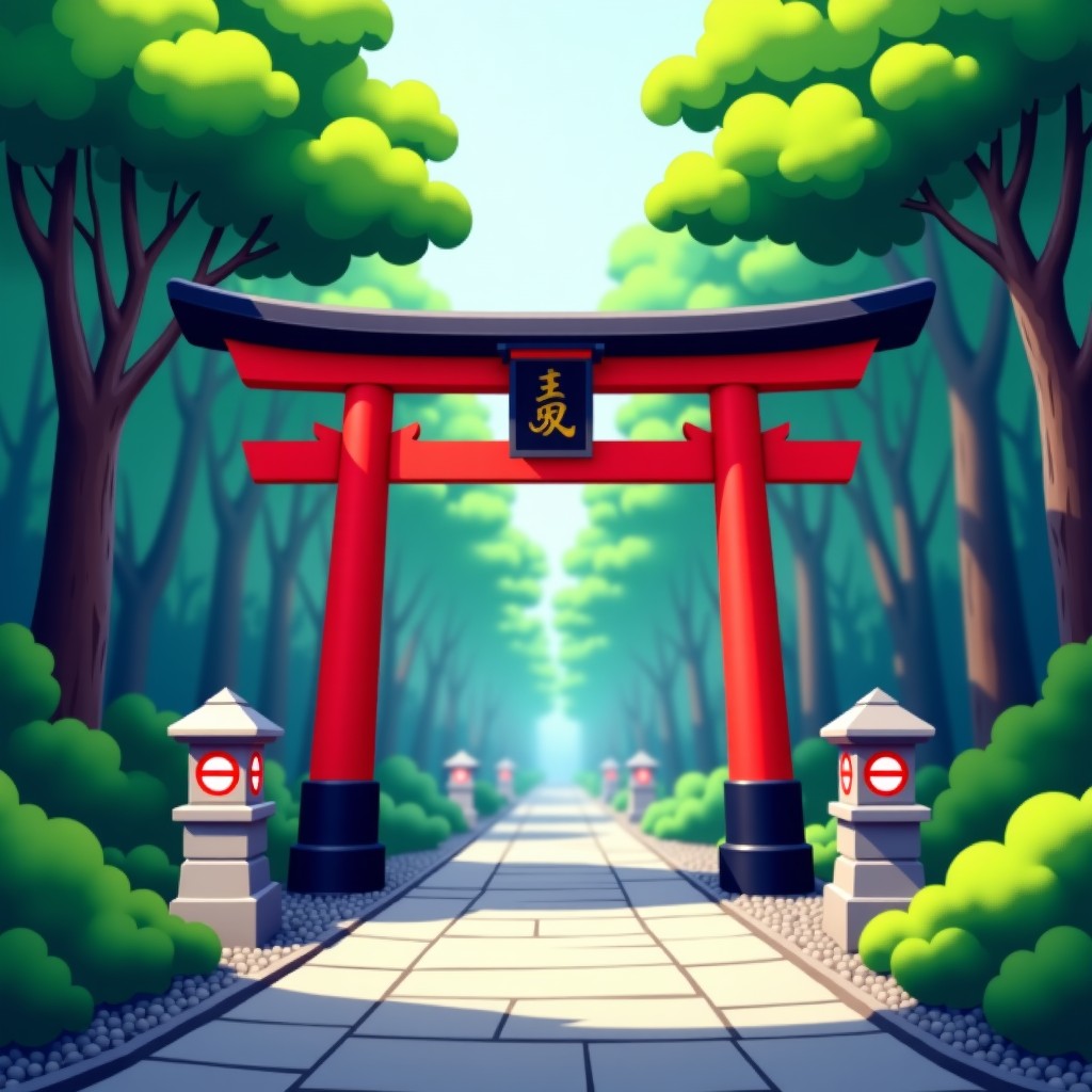A traditional Japanese shrine entrance with red torii gates surrounded by lush green trees, stone lanterns, peaceful and spiritual atmosphere, realistic photography, 4:3