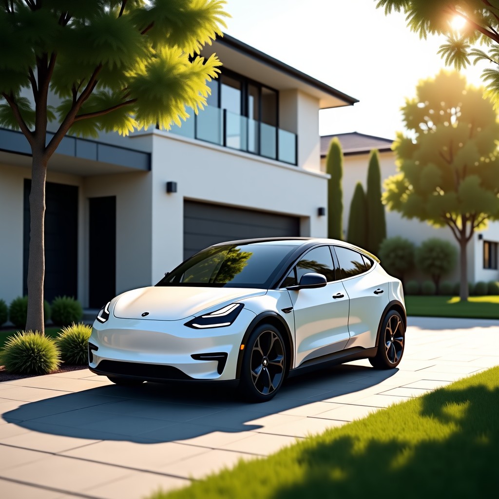 A sleek compact electric car parked in a neat residential driveway in front of a modern house. Sunlight filters through nearby trees. The scene represents a comfortable daily lifestyle. High-resolution realistic photography, balanced colors. 4:3