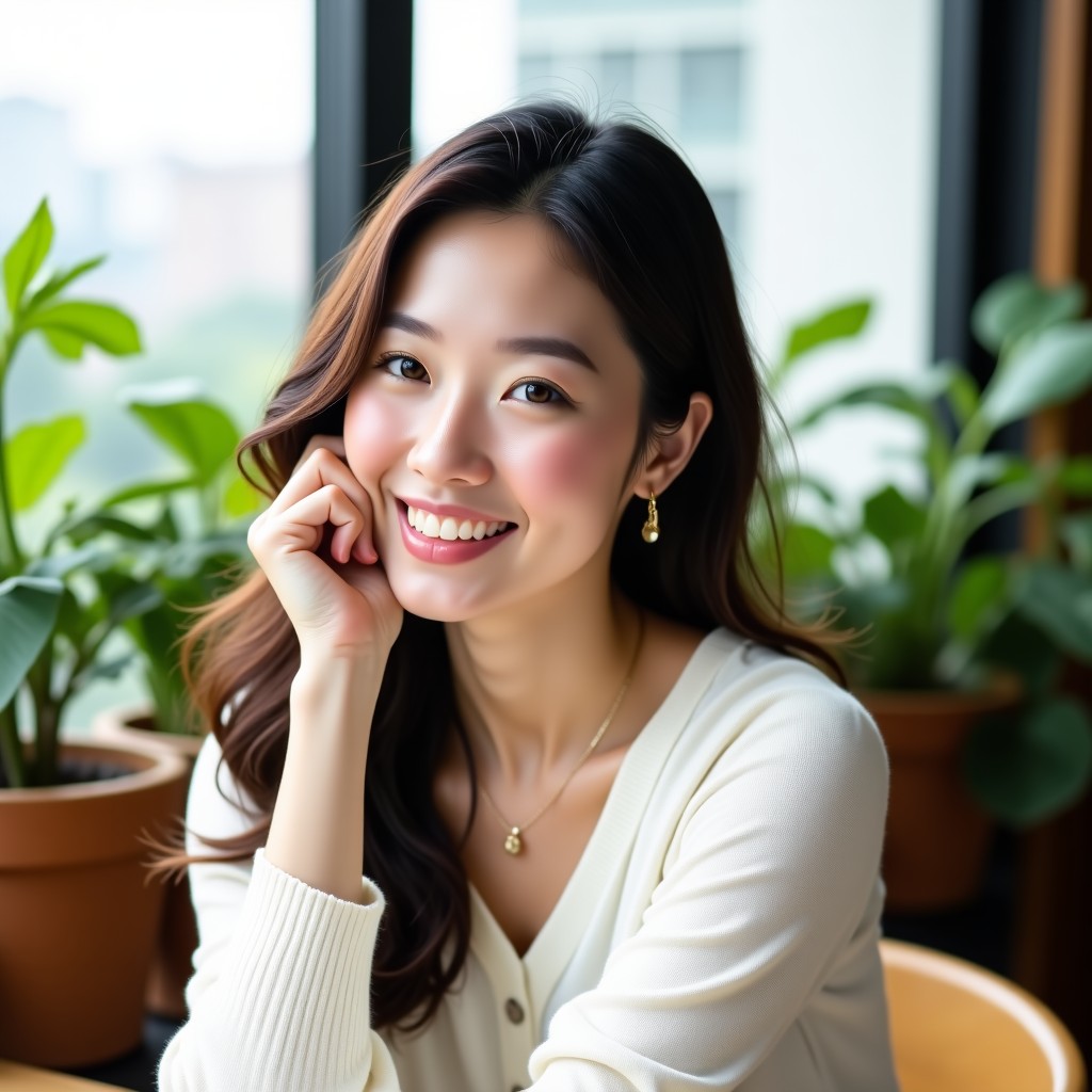A high-end lifestyle photography of a beautiful Korean woman sitting at a terrace cafe in Seoul, afternoon sunlight, wearing a casual white knit and jewelry, natural smile, looking at the camera, 1:1