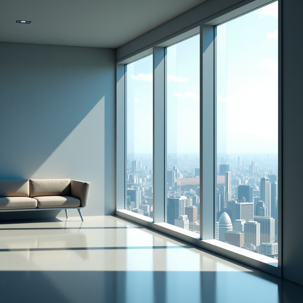 A conceptual image of future city life where everyday surfaces like windows and walls are integrated with transparent PeLED displays, clean and modern aesthetic, natural daylight, sophisticated interior. 4:3