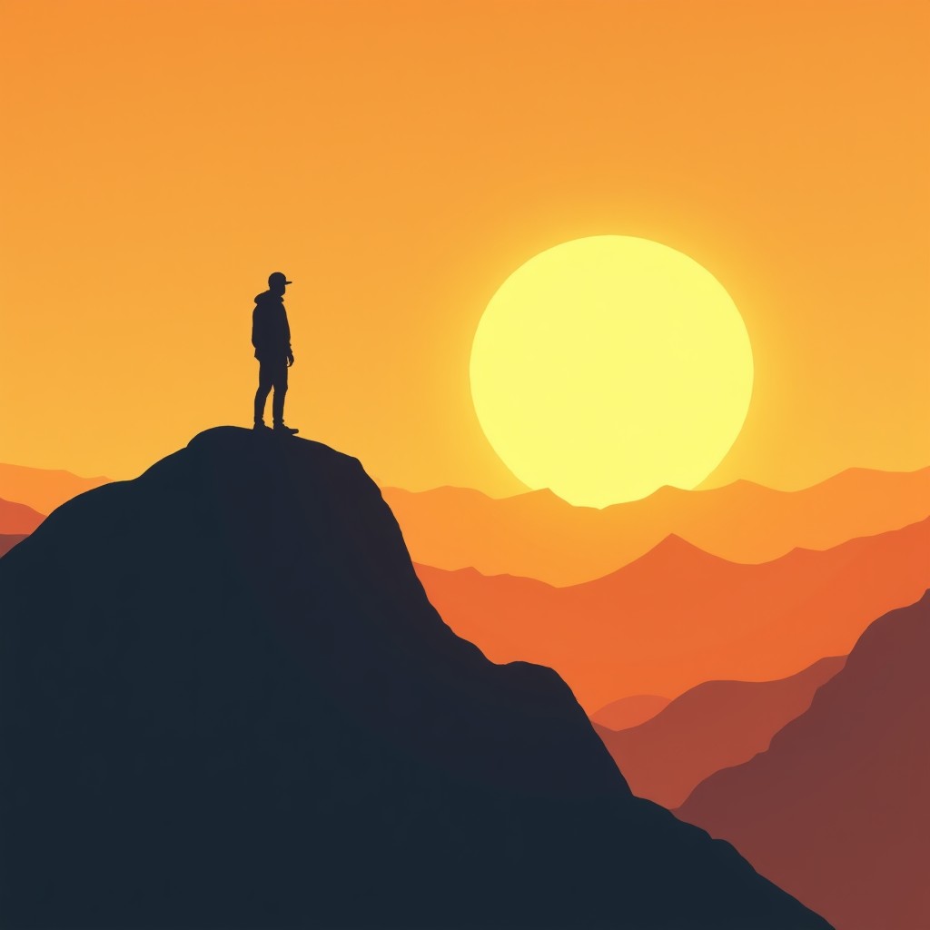 A person standing on a mountain peak during a golden sunrise looking at the horizon with confidence. Minimalist and cinematic style. The scene conveys a sense of new beginnings and the power of execution. 4:3