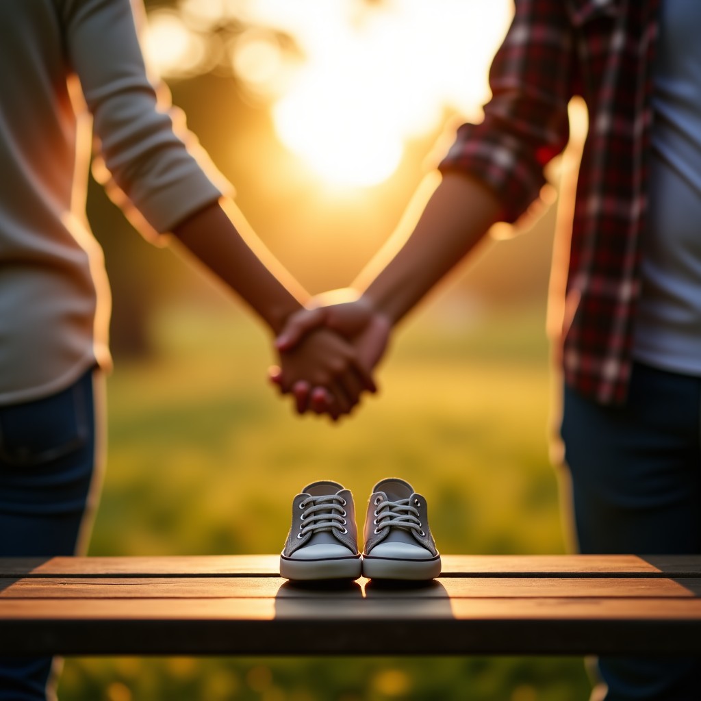 A happy couple holding hands gently in a sunlit garden, soft focus on a pair of baby shoes on a bench, warm golden hour lighting, emotional and hopeful atmosphere. 1:1