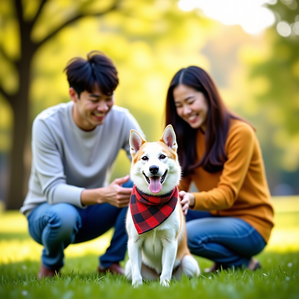 A happy Korean couple in a bright park playing with a rescued dog wearing a colorful scarf. Green trees and soft sunlight in the background, joyful atmosphere, high quality photography, 4:3