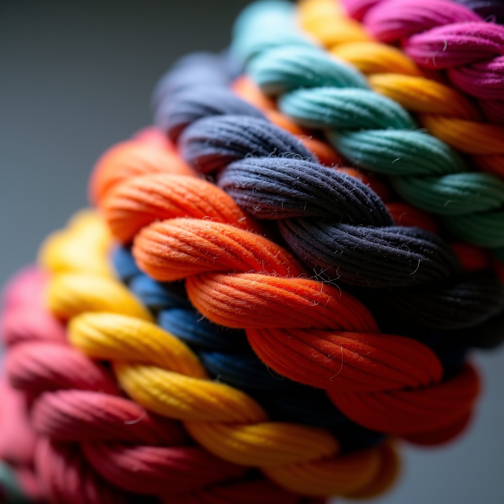 Close-up shot of a Quipu, an ancient Inca recording device made of colorful knotted strings, soft lighting, detailed texture of natural fibers, macro photography style, 1:1