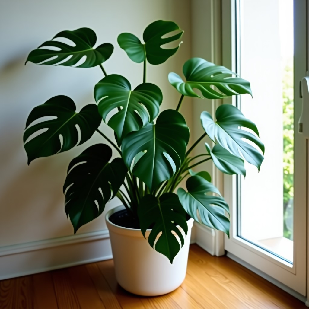 A lush and well grown Monstera plant with many large fenestrated leaves showing successful growth in a stylish home interior 4:3