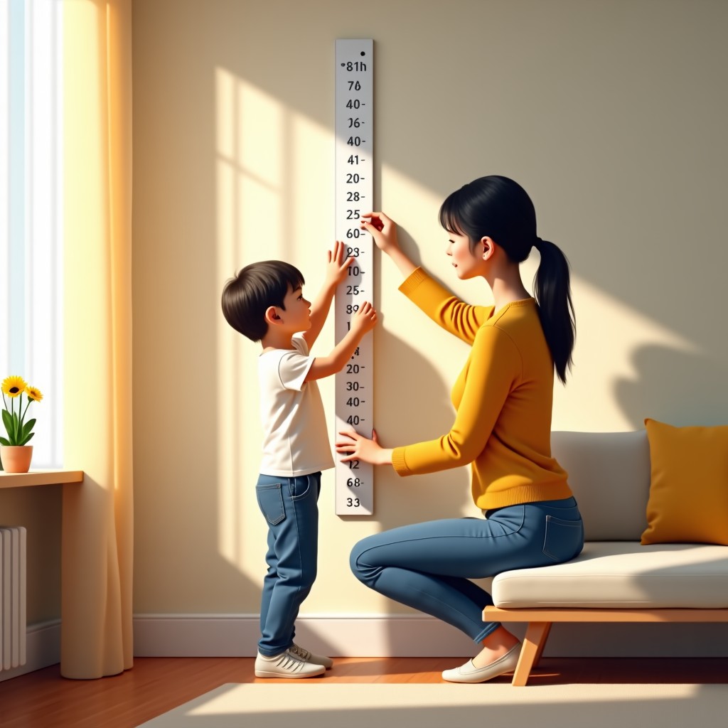 A South Korean mother measuring her young daughter's height against a wall chart in a cozy living room, warm morning sunlight, realistic lifestyle photography, high quality. 4:3