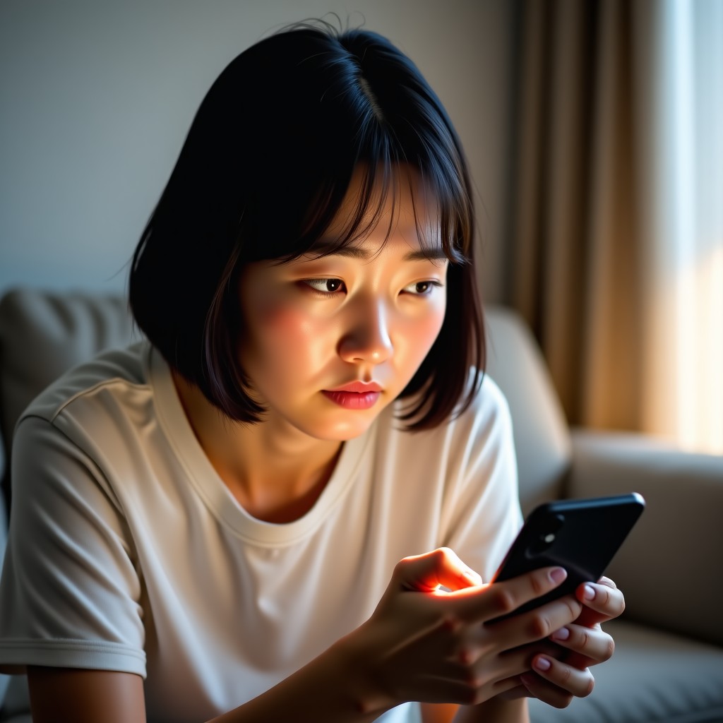 A concerned Korean parent looking at a smartphone screen with a worried expression, soft indoor living room lighting, natural lifestyle photography, 4:3