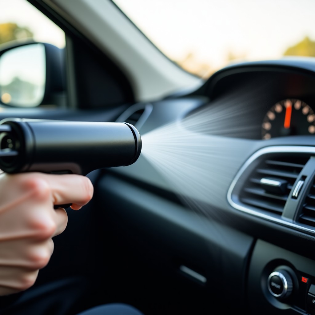 Close up of a person using a compact handheld air gun to blow dust out of a car dashboard and vents, realistic lifestyle photography, bright interior lighting, 4:3