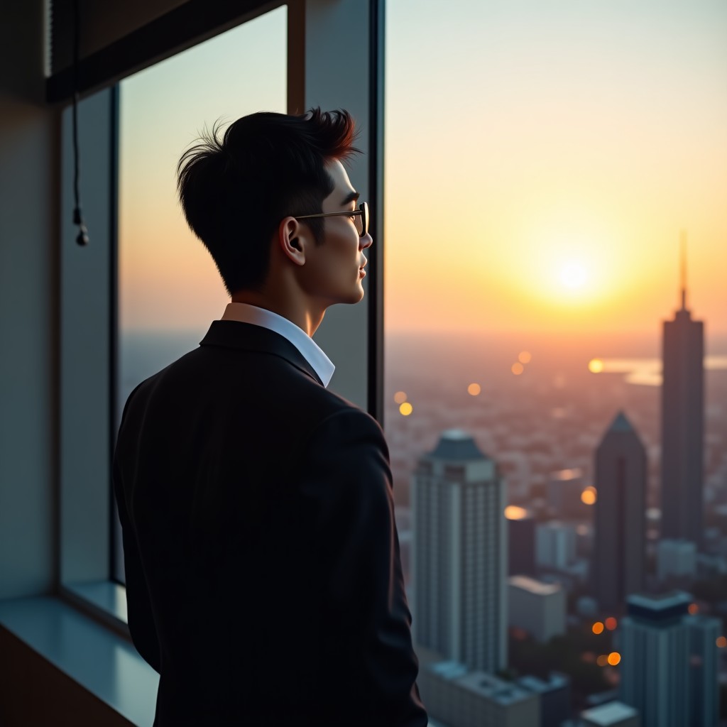A confident Korean male professional in a suit looking out a window of a high-rise office building at sunset, reflection on the glass, 1:1
