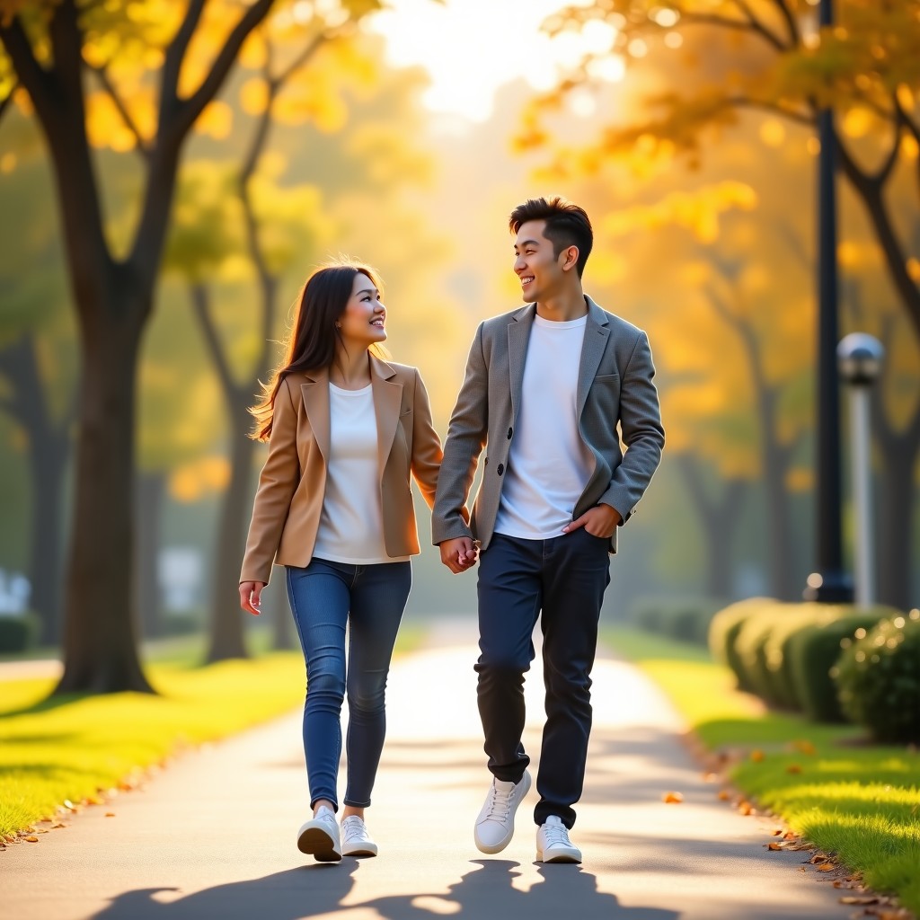 A Korean couple walking hand in hand in a beautiful park, bright daylight, natural smiles, feeling of connection and happiness, 4:3