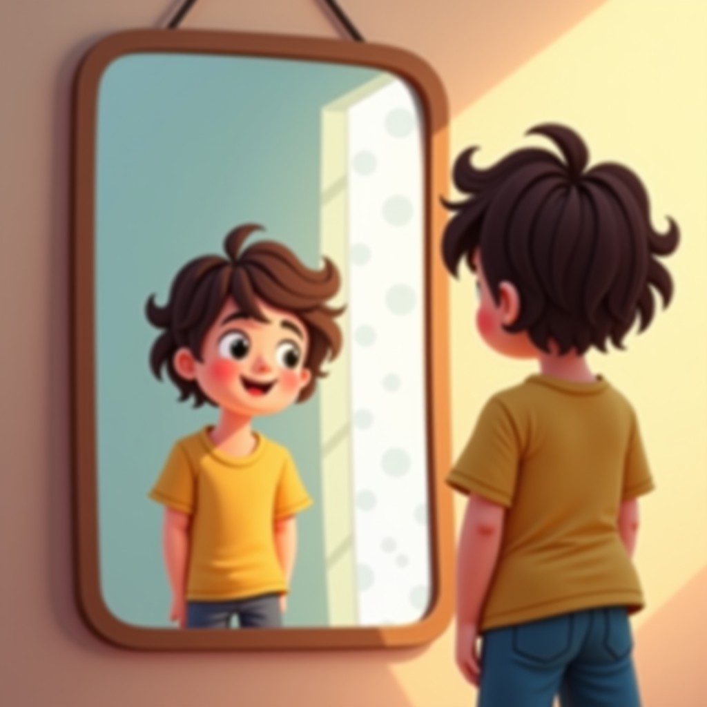 A young child looking into a large mirror reflecting a confident and happy version of themselves with soft pastel colors in the background, warm lighting, natural atmosphere, 4:3
