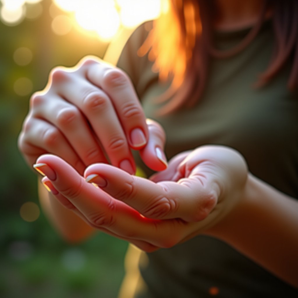 A person examining their fingernails closely under soft natural sunlight, realistic lifestyle photography, high resolution, 4:3
