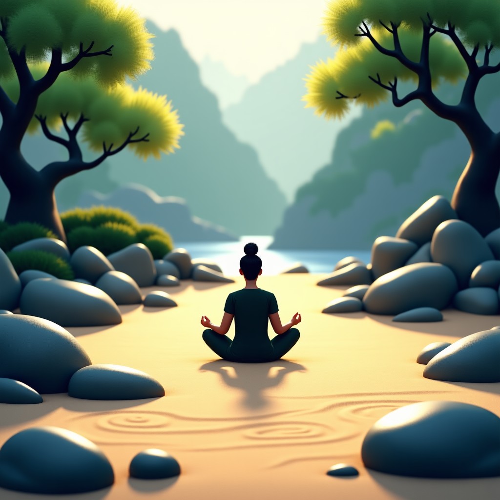 A person sitting in a peaceful Zen garden, surrounded by stones and sand patterns, focusing on meditation, serene environment, cinematic lighting, realistic digital art, 4:3