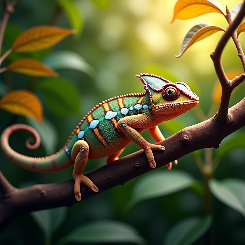 A chameleon perfectly camouflaged among brown and green leaves on a branch, high detail, artistic rendering of natural patterns, warm sunlight, 4:3