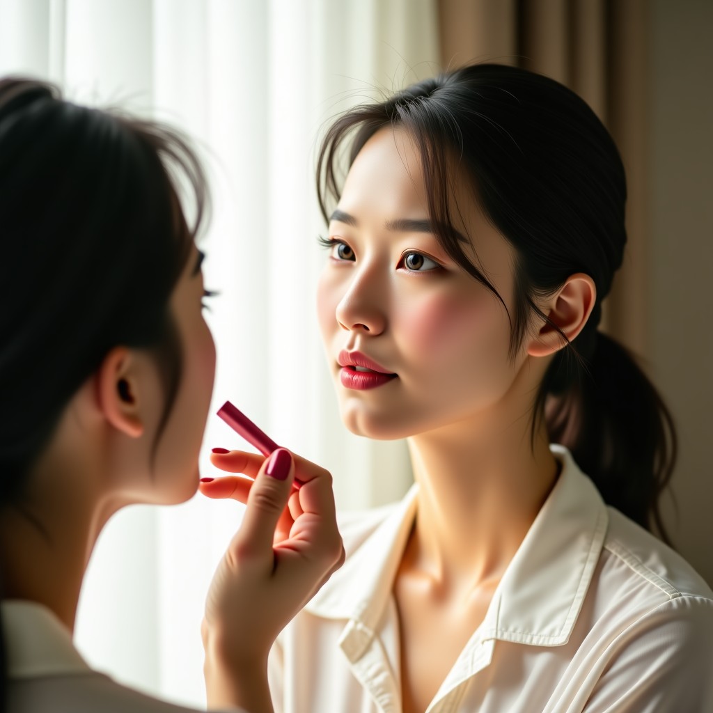 A beautiful Korean woman with natural makeup looking at a mirror and applying rose-colored lipstick. Soft daylight coming from a window. Sophisticated and calm atmosphere. 4:3
