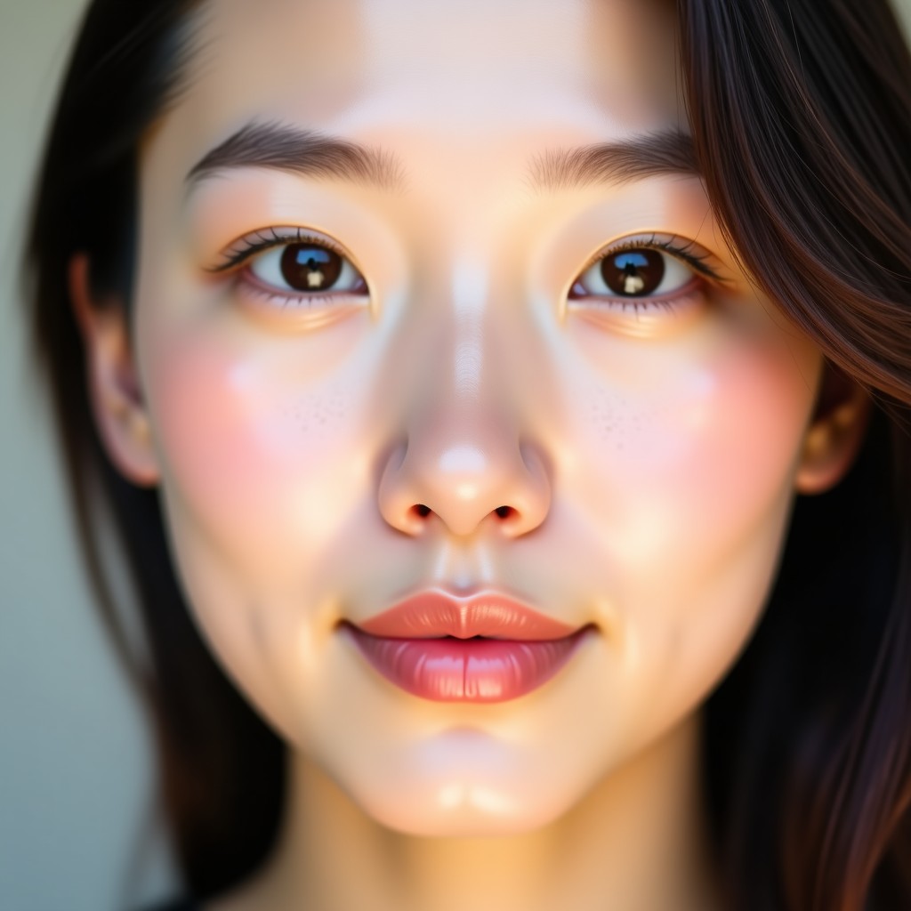 Close-up of a Korean woman's face showing natural glowing skin texture with no heavy makeup. Soft and warm lighting. High-quality portrait. 4:3