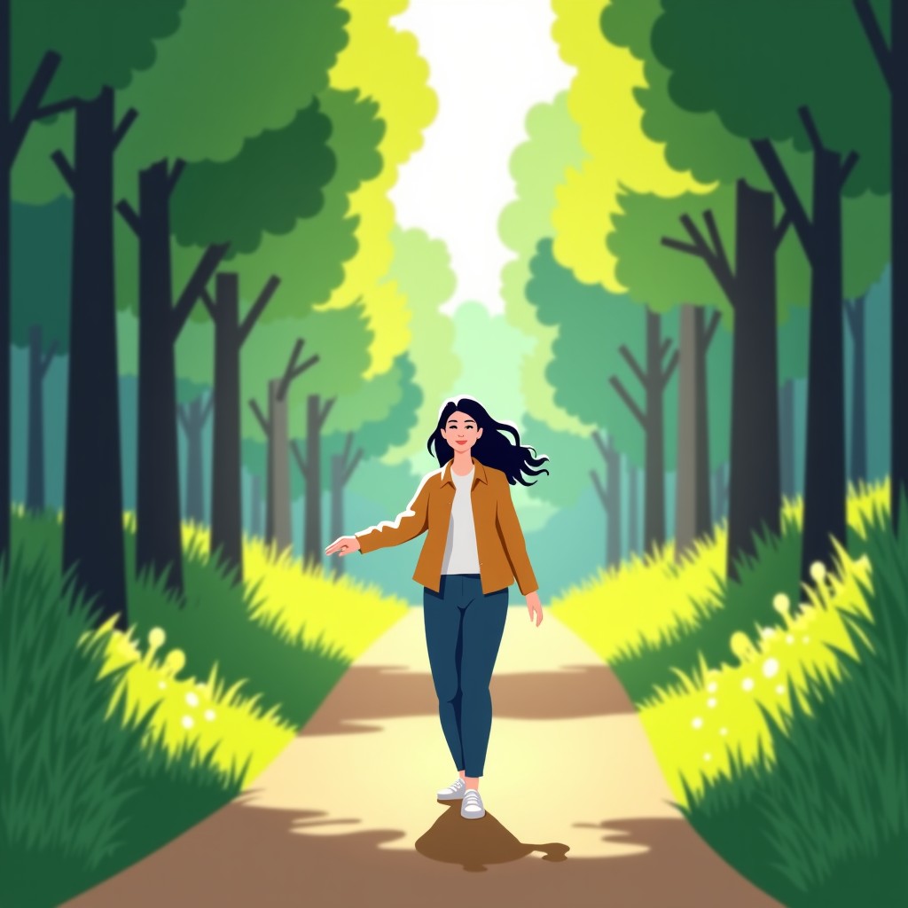 A Korean woman walking through a beautiful green forest path, breathing fresh air with a peaceful smile, representing freedom and self-discovery. 4:3