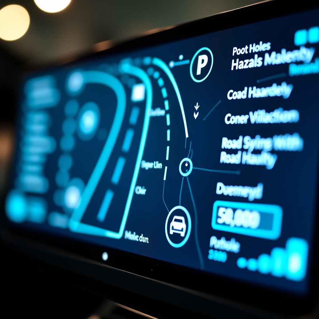 A close-up view of a car cockpit screen displaying a complex AI interface, analyzing road hazards and potholes in real-time. Neon blue and white highlights. Modern tech aesthetic, 1:1.