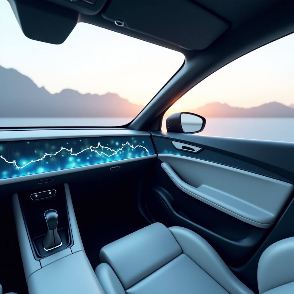 Interior of a high-tech autonomous vehicle showing a holographic dashboard with AI navigation, clean and minimalist design, soft ambient lighting, 4:3