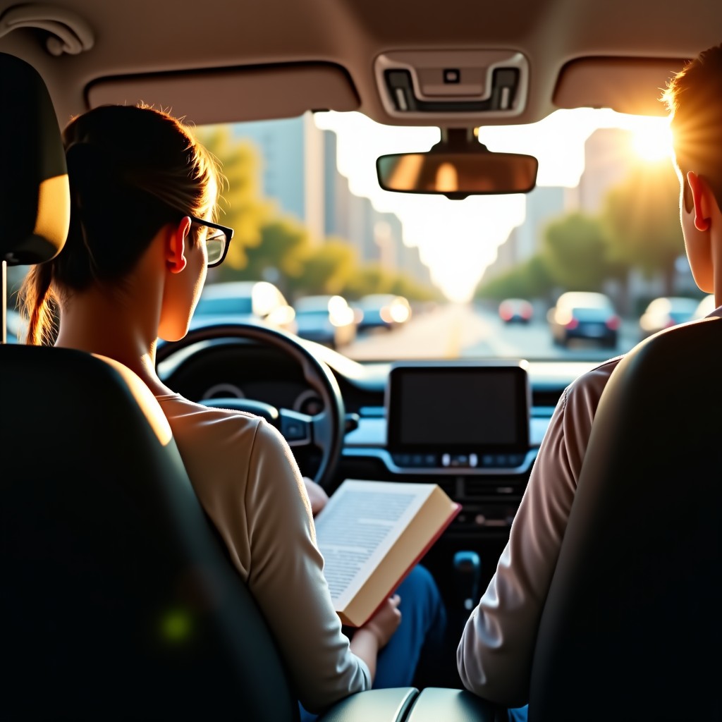 A person sitting comfortably in the backseat of a driverless car, reading a book while the car navigates a city street seen through the window. Sunny daylight, cozy interior, 1:1.