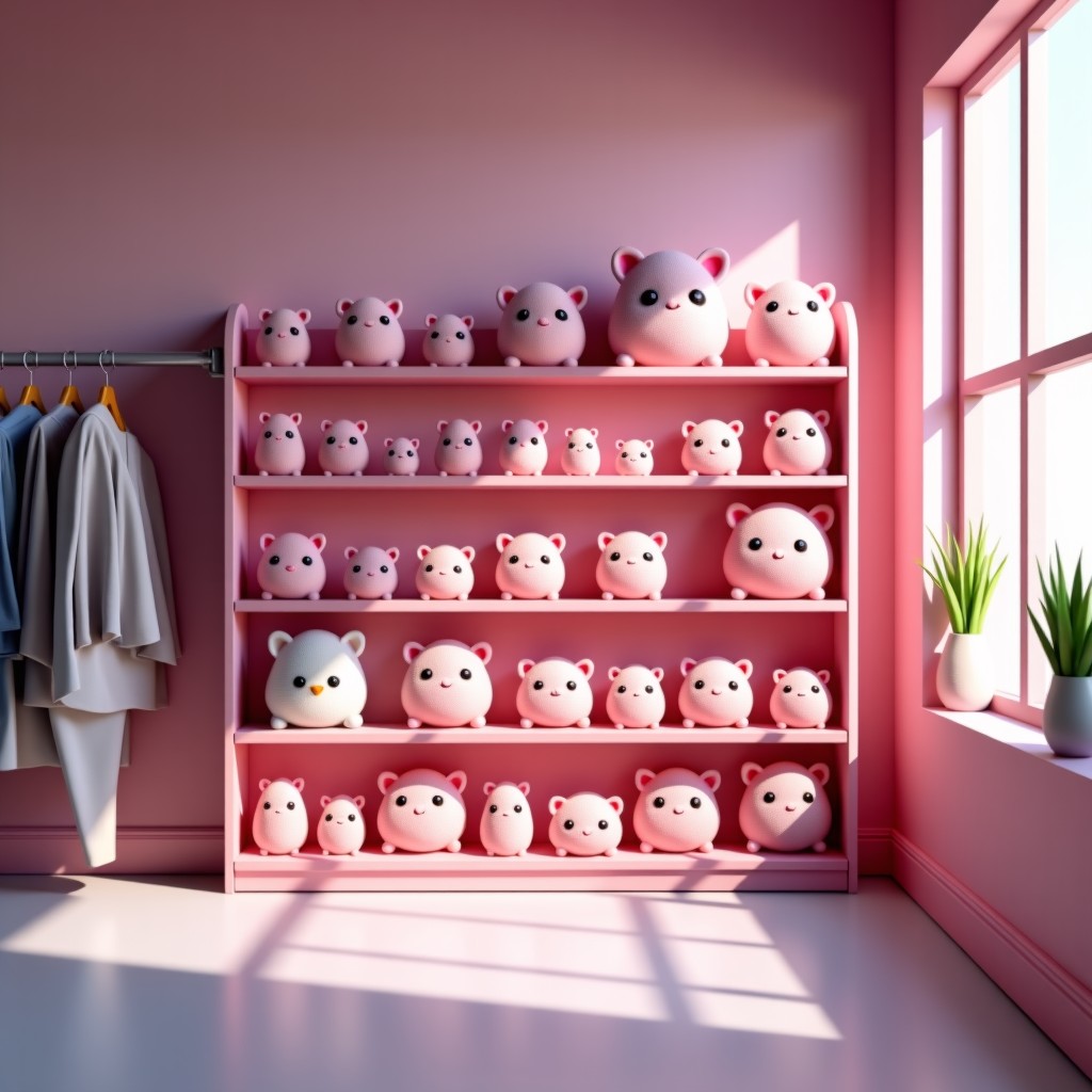 A retail display shelf filled with cute pink character merchandise and dolls featuring a popular character. Natural lighting in a modern store setting. 1:1