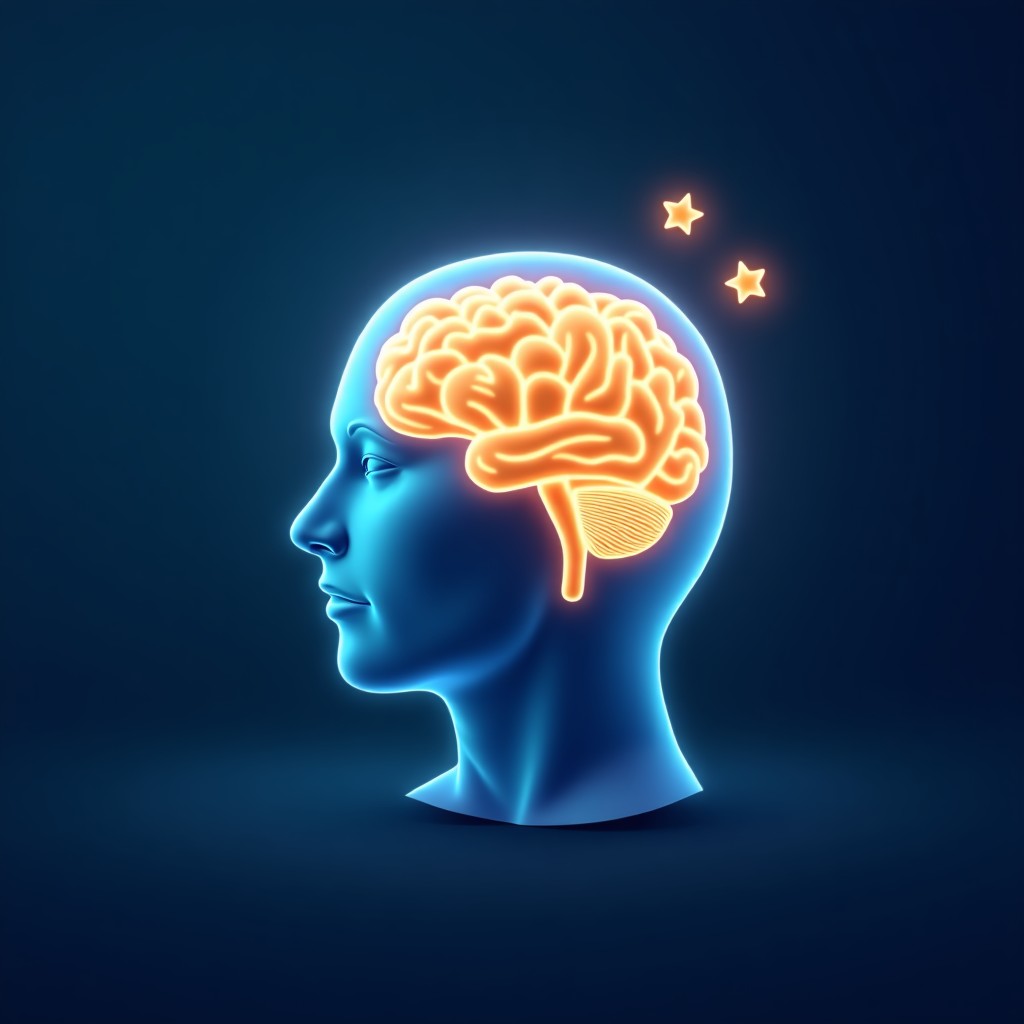 A modern infographic showing a human brain glowing with soft blue and golden light during sleep, representing cognitive function and memory processing, clean layout, high contrast, no text, 4:3