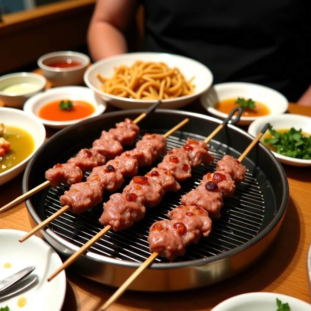 Delicious grilled lamb skewers on a metal rack with a bowl of warm noodles and various side dishes on a restaurant table. lifestyle photography. 1:1