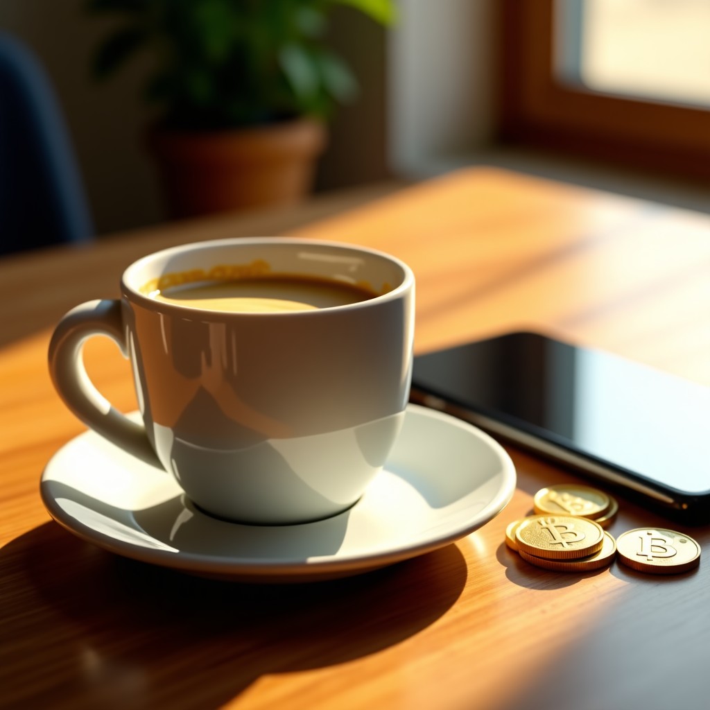 A cup of coffee on a wooden desk next to a small pile of gold coins and a smartphone, warm morning sunlight, realistic texture. 1:1