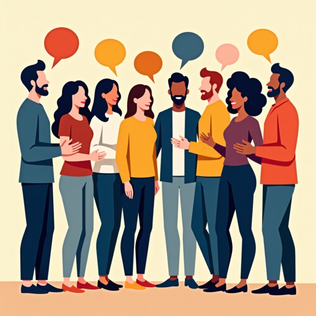 A diverse group of people from different ethnicities standing together talking cheerfully representing global communication and unity colored gradient background modern digital illustration style. 1:1