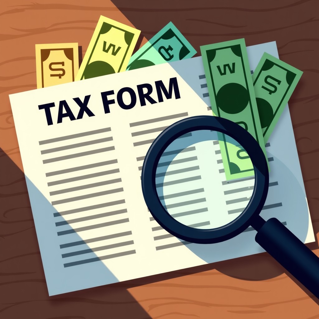 Artistic rendering of various global currency notes and a stylized tax form on a wooden desk. A magnifying glass focuses on a specific section of the form. Textured background, warm lighting, 4:3